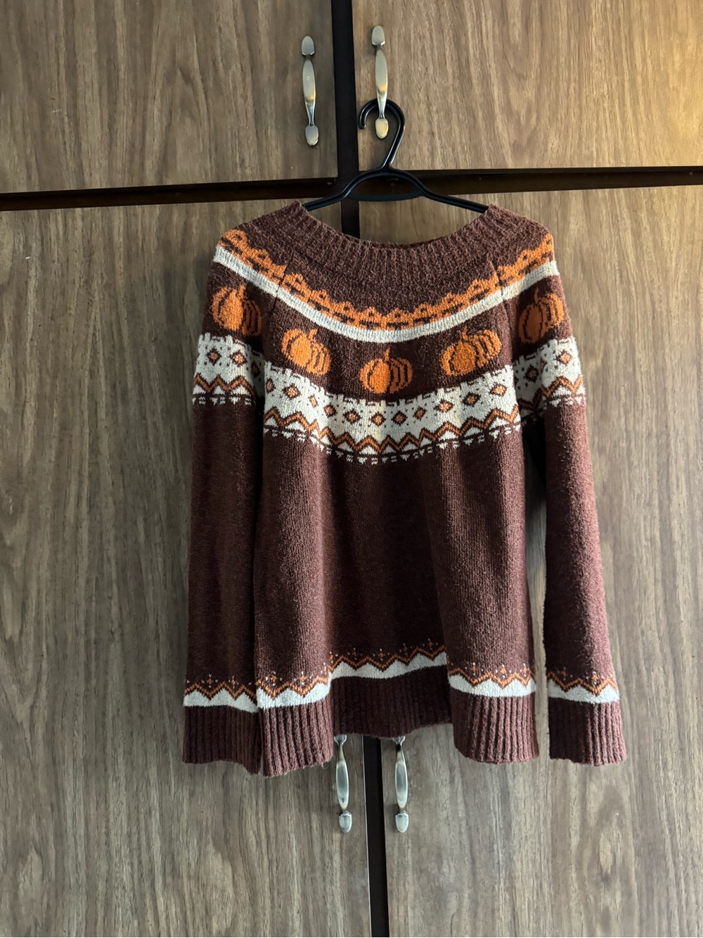 Maurices Brown Fair Isle Crewneck Sweater with Pumpkin Accents - Picture 3 of 5